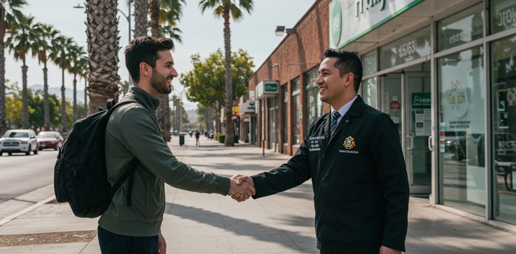 Traveler welcomed outside a licensed pharmacy in Tijuana to save on Taltz price with medical tourism.