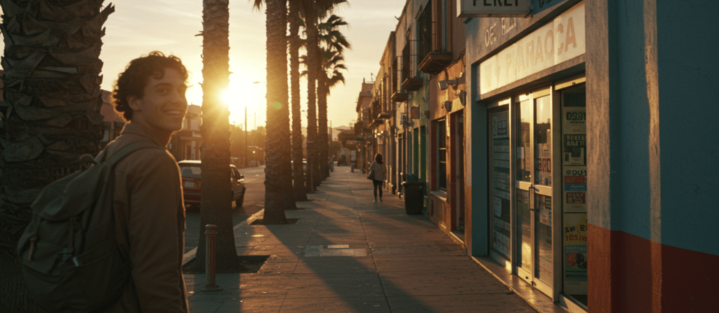 Traveler walking along a sunny street in Tijuana, Mexico, toward a licensed pharmacy.