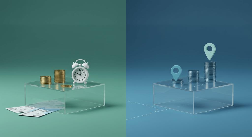 Conceptual scene for medical tourism Mexico showing coins (cost), a clock (time), and a location pin (proximity) inside clear pillars in a modern corridor.