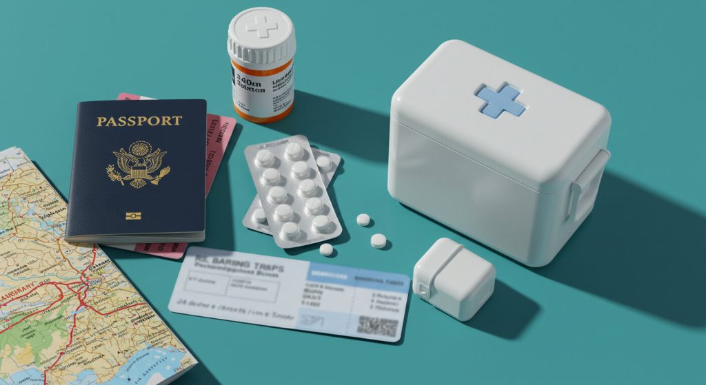 Flat-lay of travel essentials with passport, prescription bottle, pill blisters, and medical cooler for a secure cross-border medication trip.