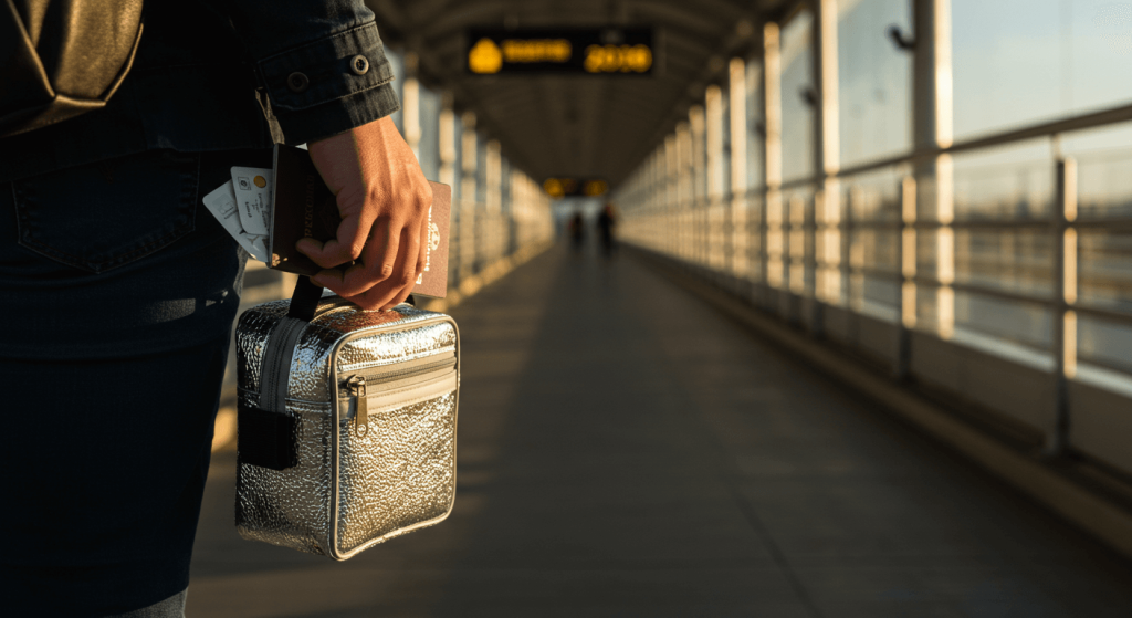 Close hands-on view for medical tourism Mexico—traveler holding a small insulated medication cooler and passport in a modern border walkway, softly blurred background.