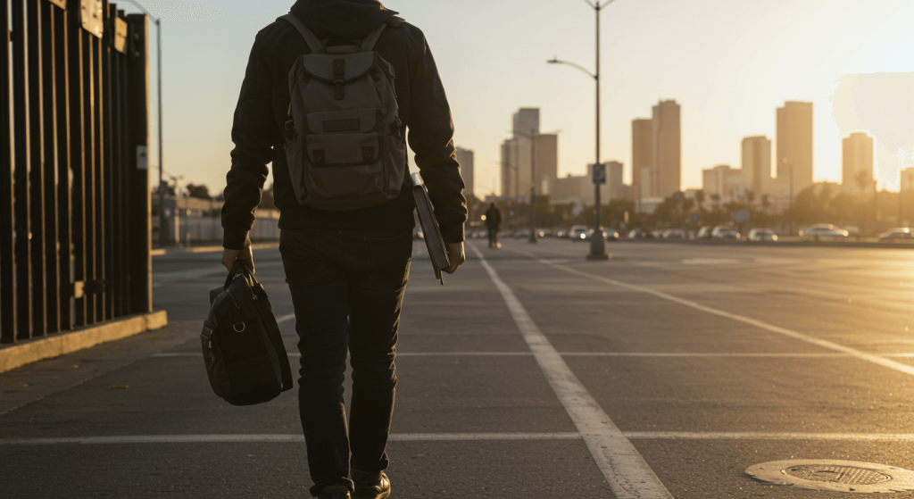 Medical Tourism Mexico traveler walking the Tijuana pedestrian crossing with documents for secure pharmacy pickup and HIPAA-smart coordination.