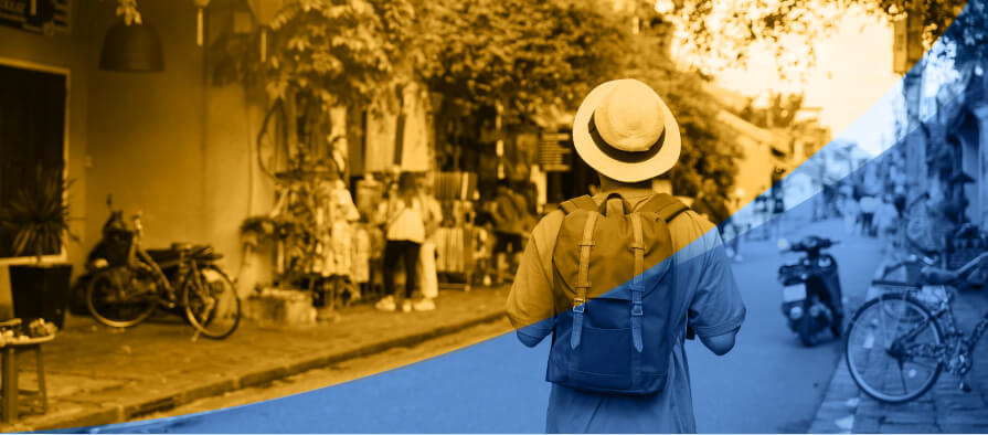 Illustration of a traveler walking toward a small border pharmacy, symbolizing medical tourism from the U.S.