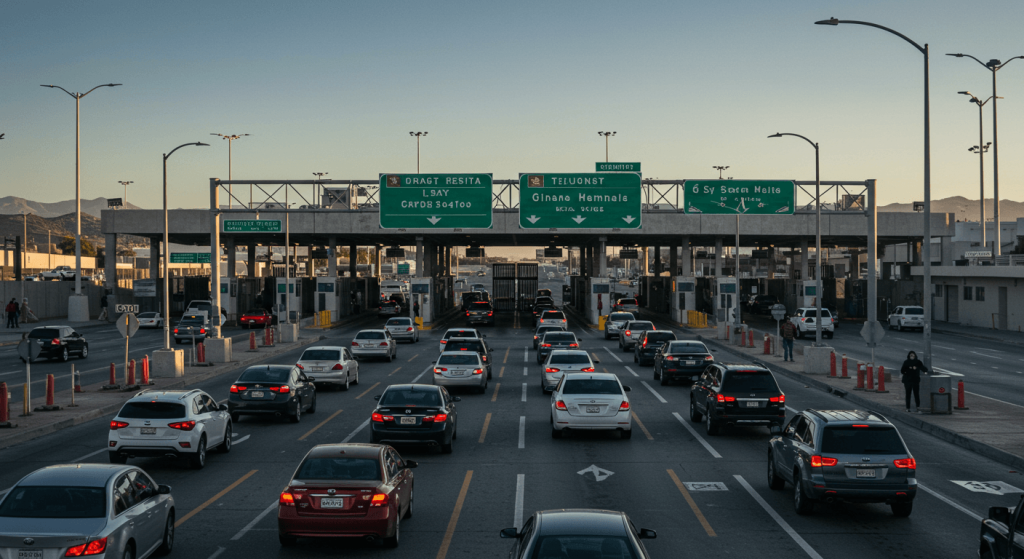 Medical tourism in Tijuana with cars crossing the U.S.–Mexico border safely during daylight.
