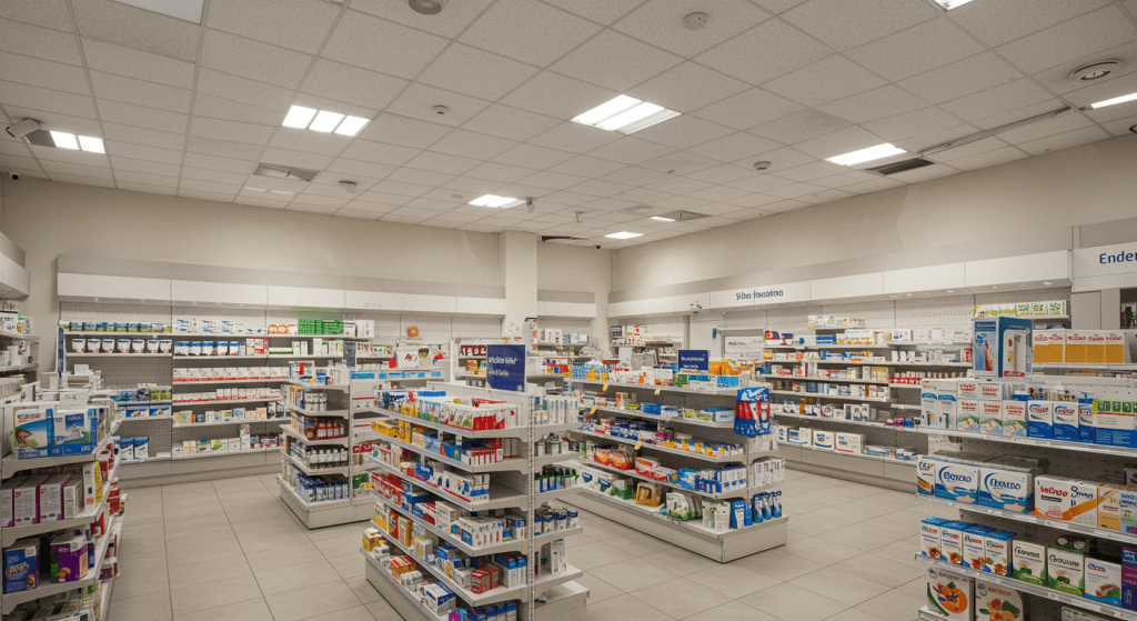 Licensed pharmacy interior in Tijuana with modern and safe environment for medical tourism patients buying prescriptions.