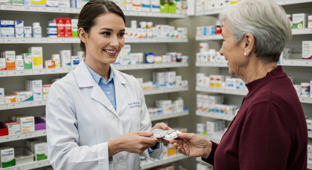 Medical tourism in Tijuana showing a pharmacist handing medication to a patient in a licensed pharmacy.