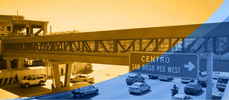 Illustration of medical tourism in Tijuana with a border crossing and healthcare icons.