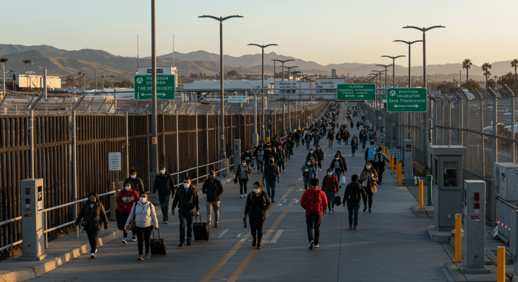 San Diego–Tijuana border crossing with travelers using medical tourism to Mexico for prescription savings.