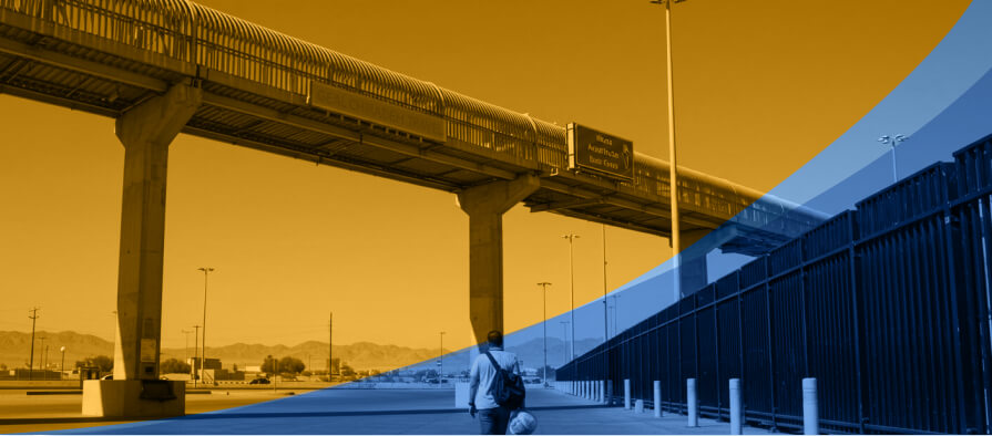 American traveler walking toward Mexico border crossing for medical tourism and affordable prescriptions.