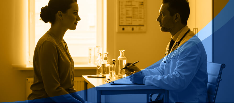 Professional portrait of a patient consulting with a doctor in a modern clinic, symbolizing trust and medical guidance.
