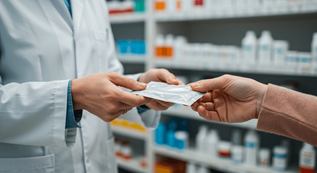 Pharmacist handing a sealed package to a patient inside a pharmacy in Tijuana Mexico, symbolizing safe and professional service.