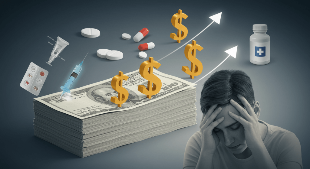 Stressed patient next to rising bills representing high Stelara cost per month in the United States.
