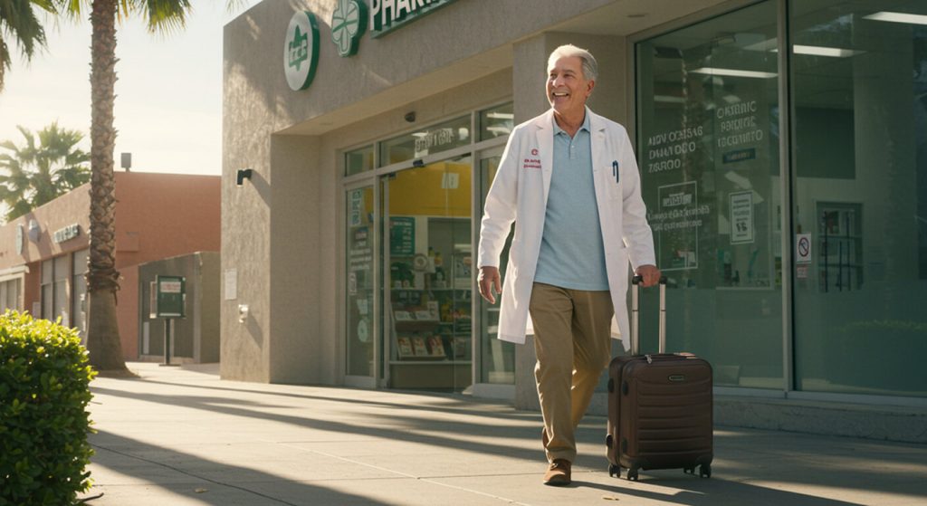 Patient outside pharmacy in Tijuana showing affordable Stelara cost per month compared to U.S. treatment prices.