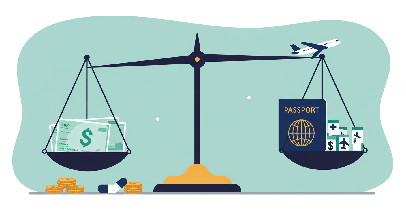Illustration of U.S. vs. Mexico medication costs, showing balance between high bills and affordable prescriptions with travel elements.