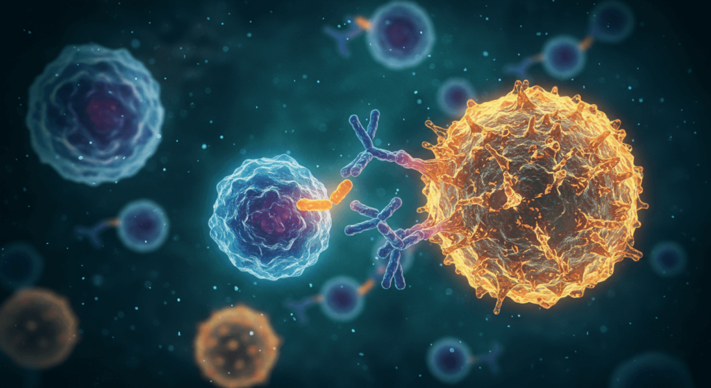 Conceptual illustration of immune cells targeted by biologic therapy, showing how Taltz vs Cosentyx work in treating psoriasis and arthritis.