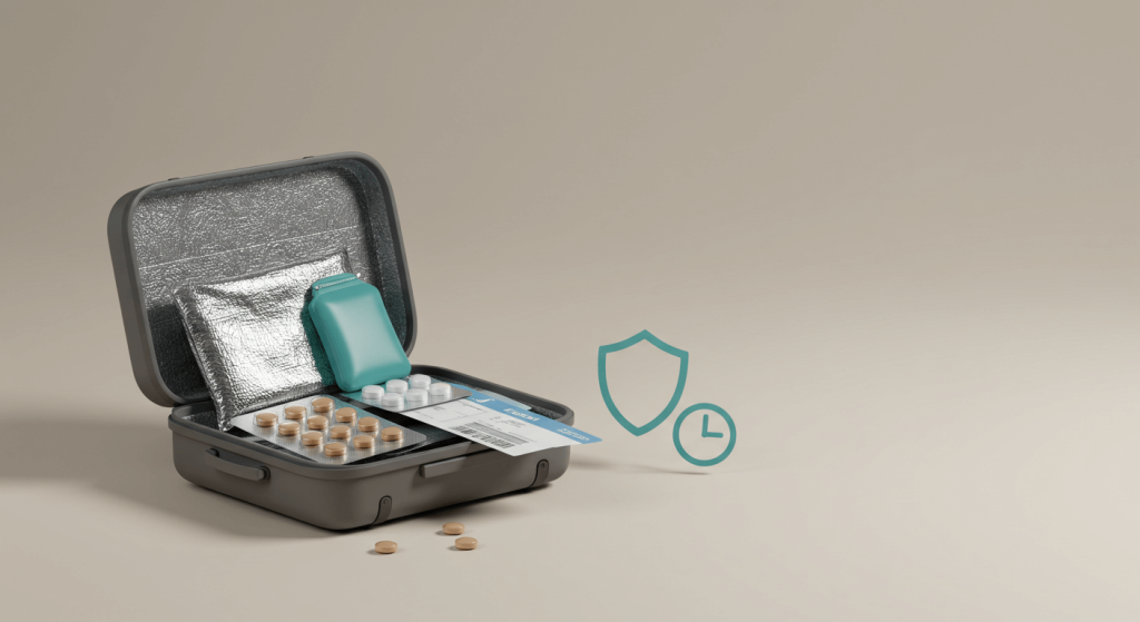 Still-life of a carry-on suitcase slightly open with an insulated medication pouch, pill blister, passport, and boarding pass on a clean background.