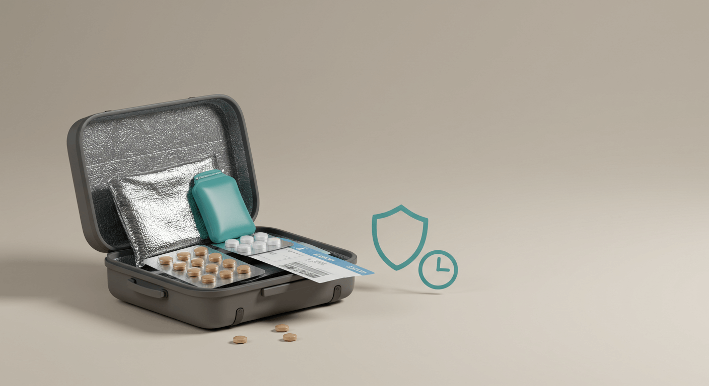 Still-life of a carry-on suitcase slightly open with an insulated medication pouch, pill blister, passport, and boarding pass on a clean background.