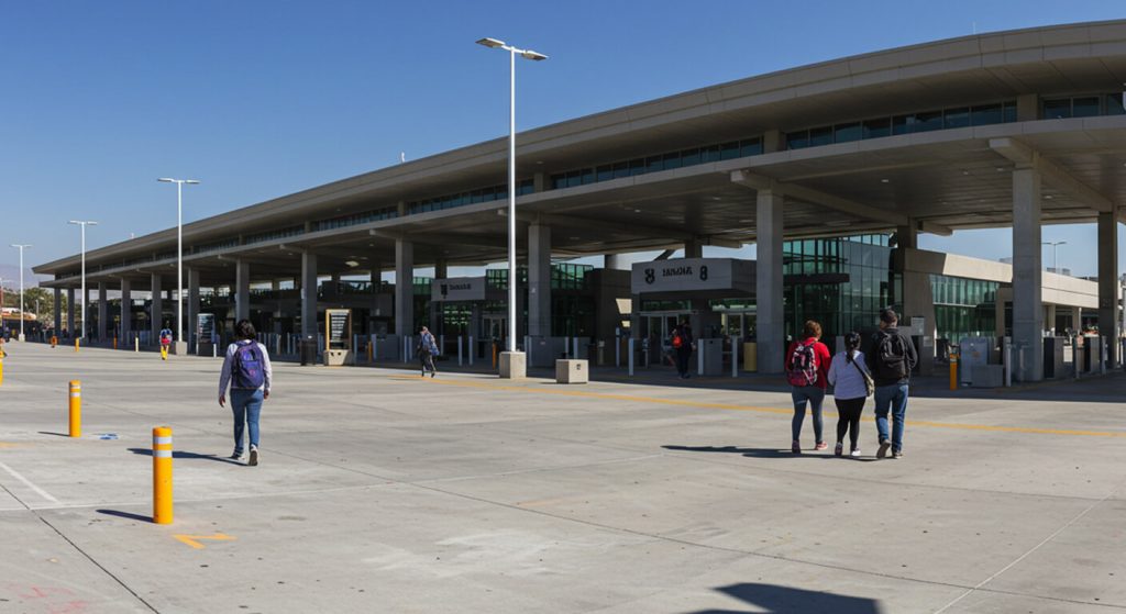 Wide-angle view of the Tijuana Mexico border crossing, representing safe access for U.S. patients traveling for Taltz vs Cosentyx medical tourism.