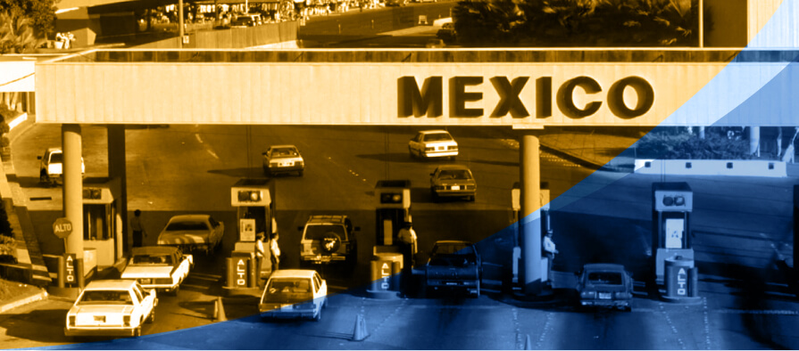 Illustration of medical tourism journey across the U.S.–Mexico border representing affordable prescriptions in Tijuana.