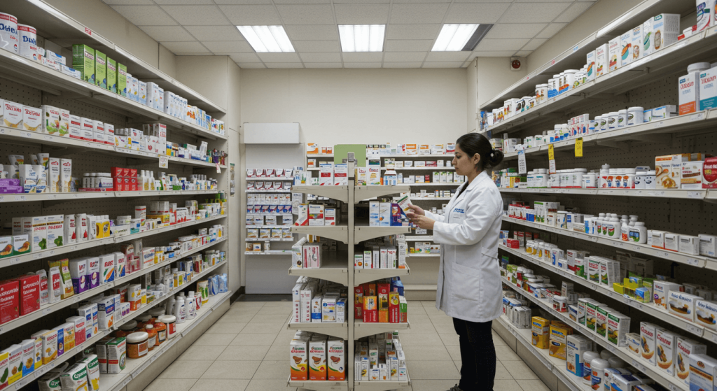 Licensed Tijuana pharmacy interior with pharmacist handing medication to a patient, representing safe and affordable prescription access.