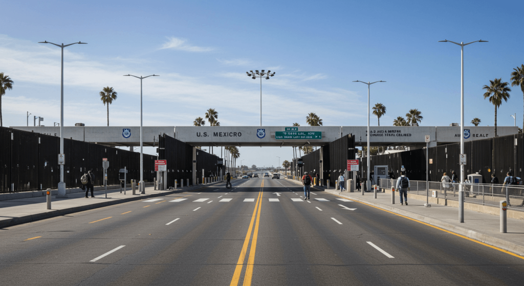 Wide-angle photo of U.S.–Mexico border crossing at San Ysidro with pedestrians, showing accessibility to pharmacies in Tijuana Mexico.