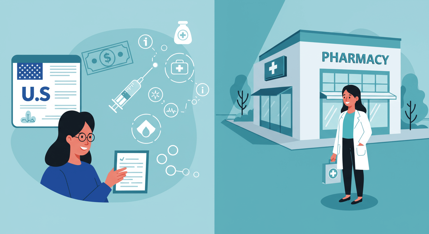 Illustration showing comparison of medical costs for biologic injections in the U.S. and Mexico using health icons and soft blue tones.