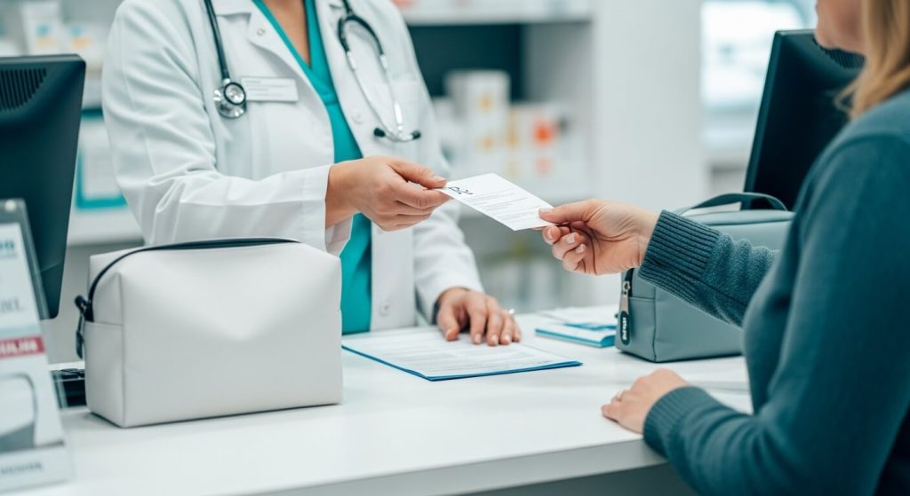 At a licensed Tijuana pharmacy, a patient following a humira assistance program presents a valid prescription to a pharmacist; an unbranded insulated pouch rests on the counter for proper cold-chain care.