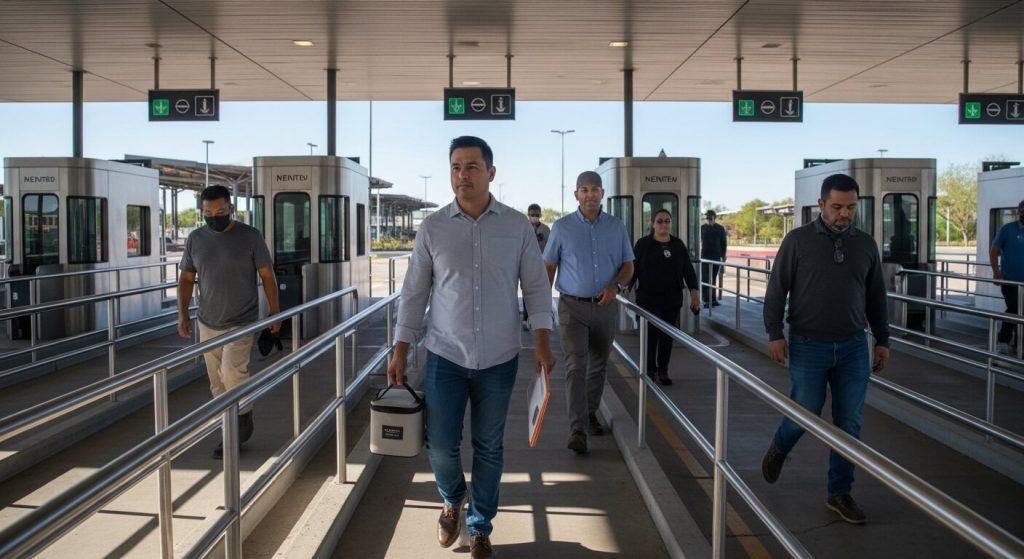 Adults using a humira assistance program walk through a calm daytime pedestrian crossing to Tijuana, preparing to buy medication in person at licensed pharmacies with proper documentation.