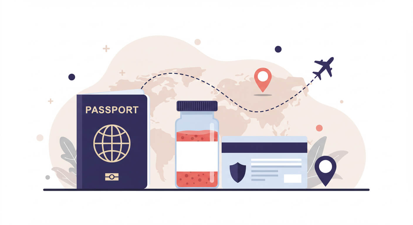 Concept illustration of passport, prescription vial, and insurance card with airplane path for an article overview.