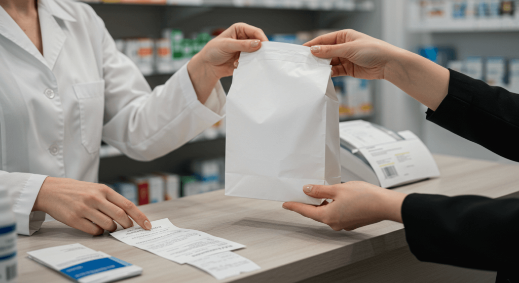 Pharmacist handing a plain bag with receipt and thermal pouch, illustrating Medical Tourism in Mexico with licensed dispensing and complete documentation.