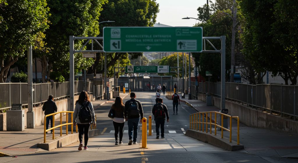 Daytime Tijuana crossing showing an orderly lane and travelers, representing Medical Tourism in Mexico with a safe, well-organized border experience.