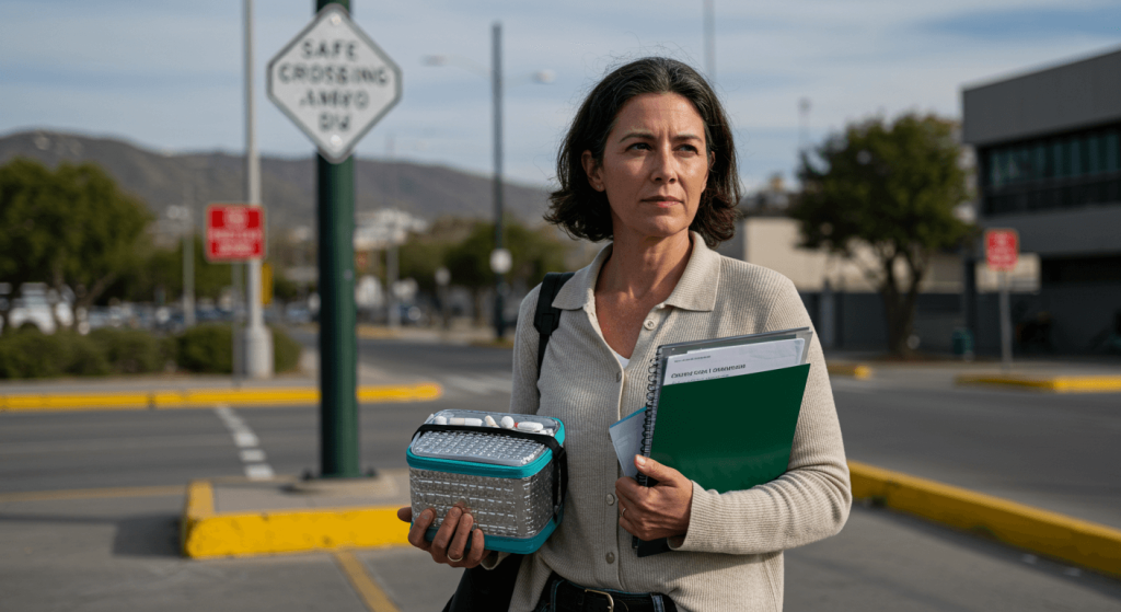 Traveler with insulated medication carrier and checklist near a controlled border area, illustrating a safe, well-planned medical trip to Mexico.