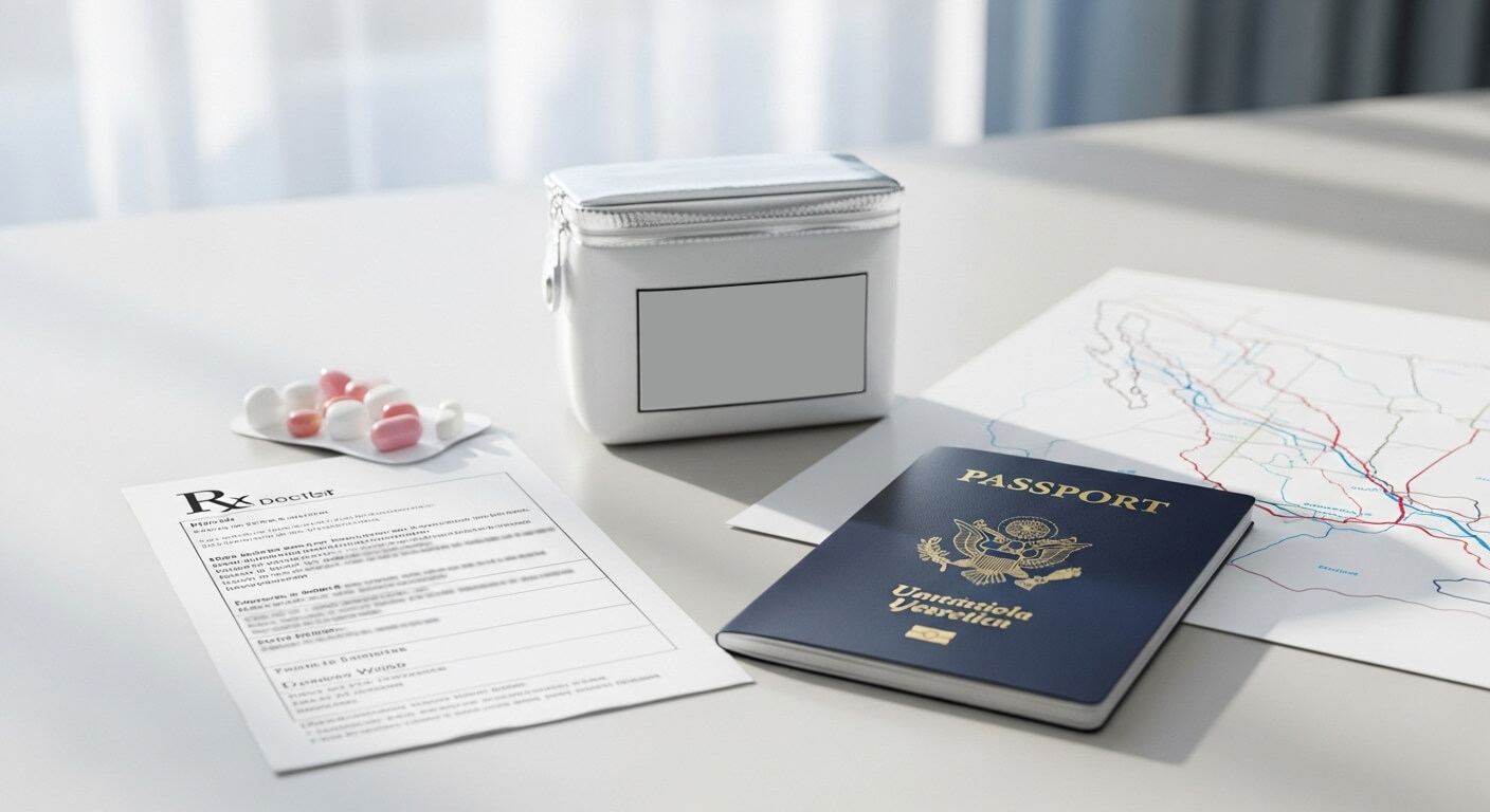 Unbranded insulated pouch, blurred prescription, and passport on a clean table for cross-border pharmacy travel.