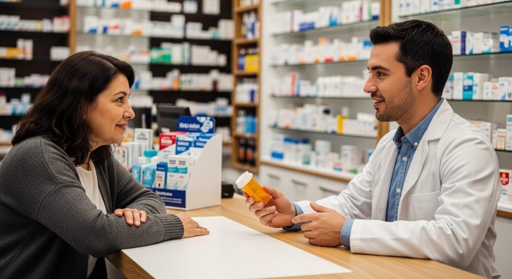 Licensed Mexican pharmacist advising a U.S. patient about Stelara assistance in a modern pharmacy in Tijuana.