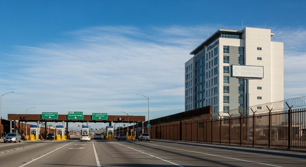 Border crossing between San Diego and Tijuana with a visible pharmacy sign, symbolizing medical tourism and affordable prescriptions for U.S. patients.