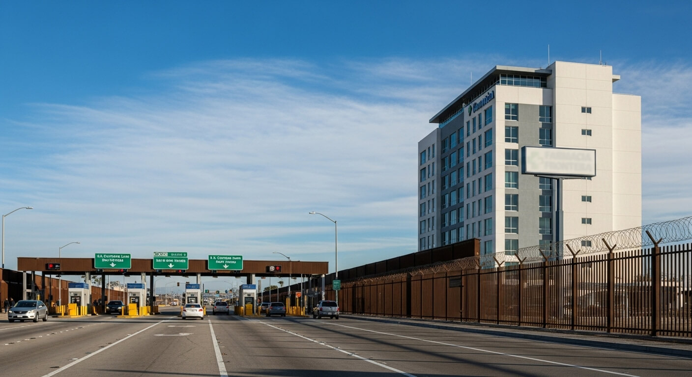 Border crossing between San Diego and Tijuana with a visible pharmacy sign, symbolizing medical tourism and affordable prescriptions for U.S. patients.