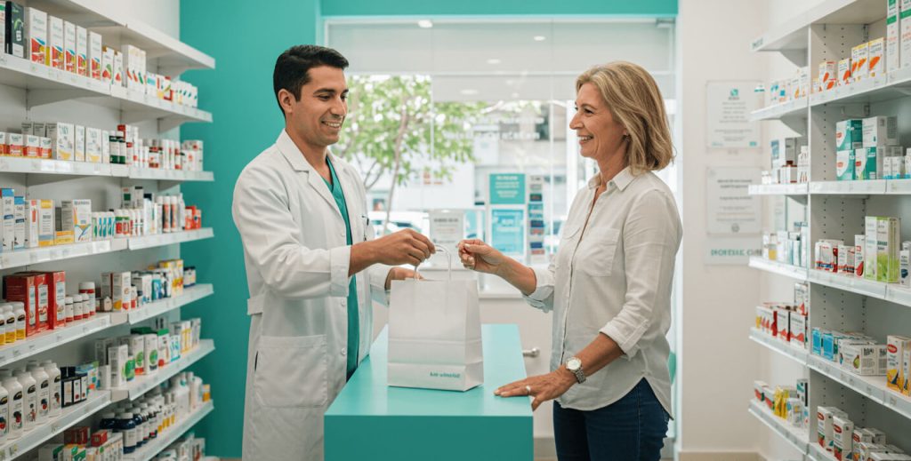 Pharmacist handing a paper bag with biologic medication to a patient inside a bright Mexican pharmacy, showing how Americans reduce biologic injections for psoriasis cost legally and safely.