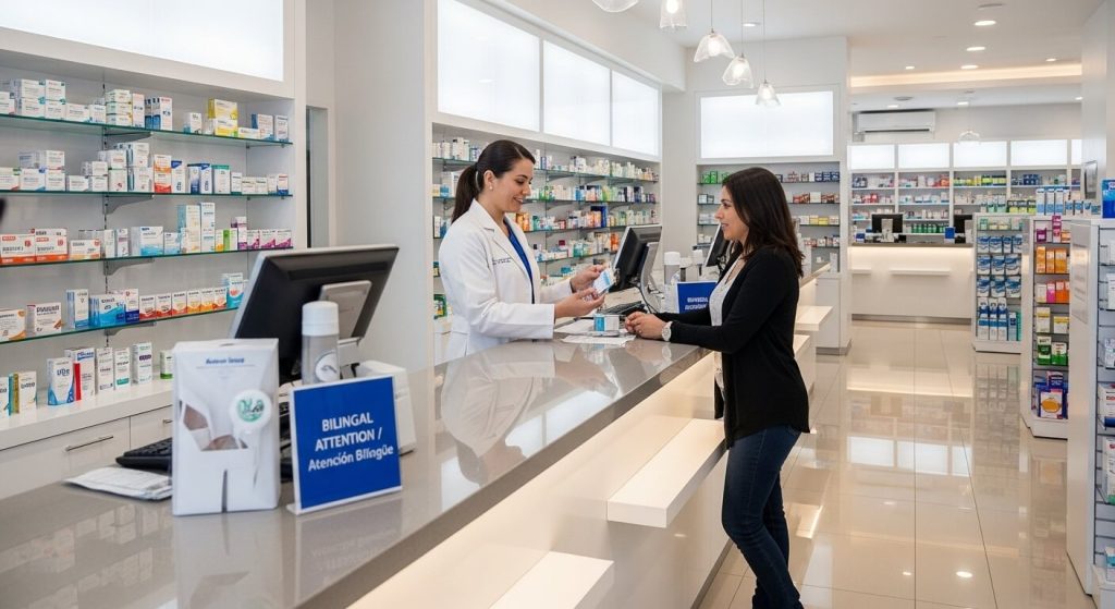 Pharmacist helping a patient inside a licensed pharmacy in Tijuana Mexico, ensuring authentic prescriptions and reliable medication for U.S. patients.
