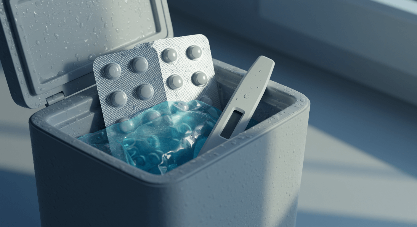 Refrigerated medicine pack inside an insulated cooler with gel packs and a thermometer card on a clean clinic table.