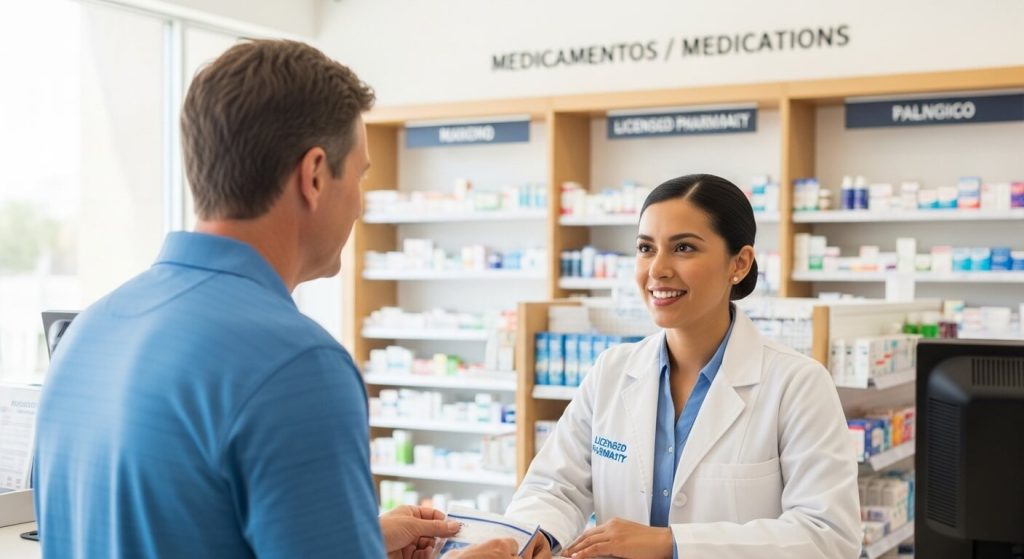 American patient consulting a licensed pharmacist in Tijuana pharmacy for affordable Stelara assistance and safe medical access.