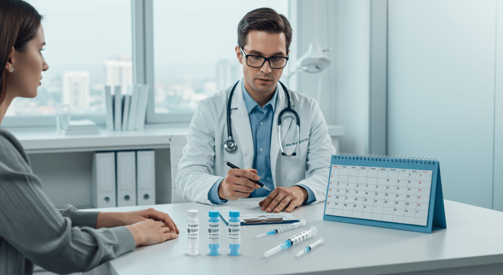 Medical illustration of four syringes with calendar icons showing different dosing intervals for biologic injections for psoriasis cost comparison between treatment options.