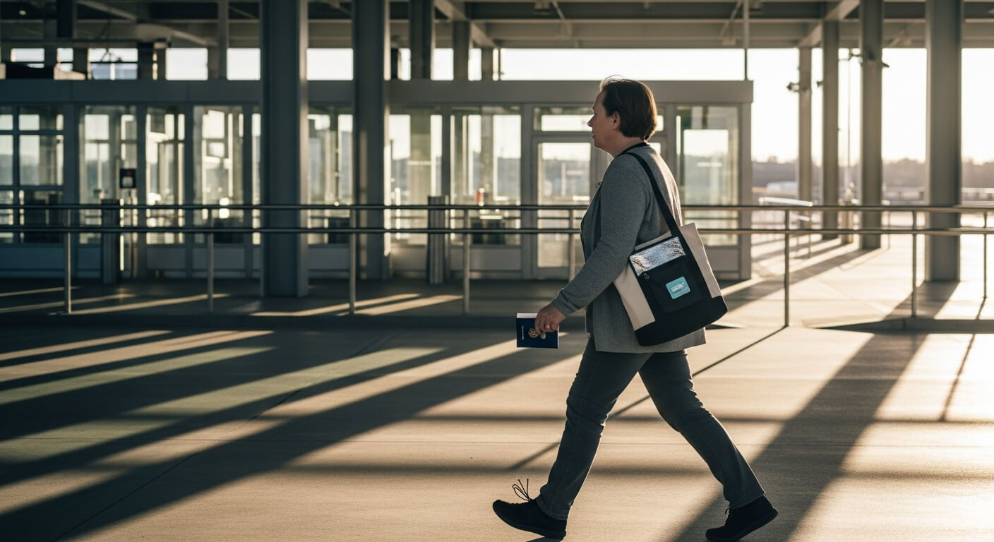 Adult traveler walking through a modern pedestrian border crossing at golden hour, carrying a discreet insulated medication pouch in a tote, calm and trustworthy scene.