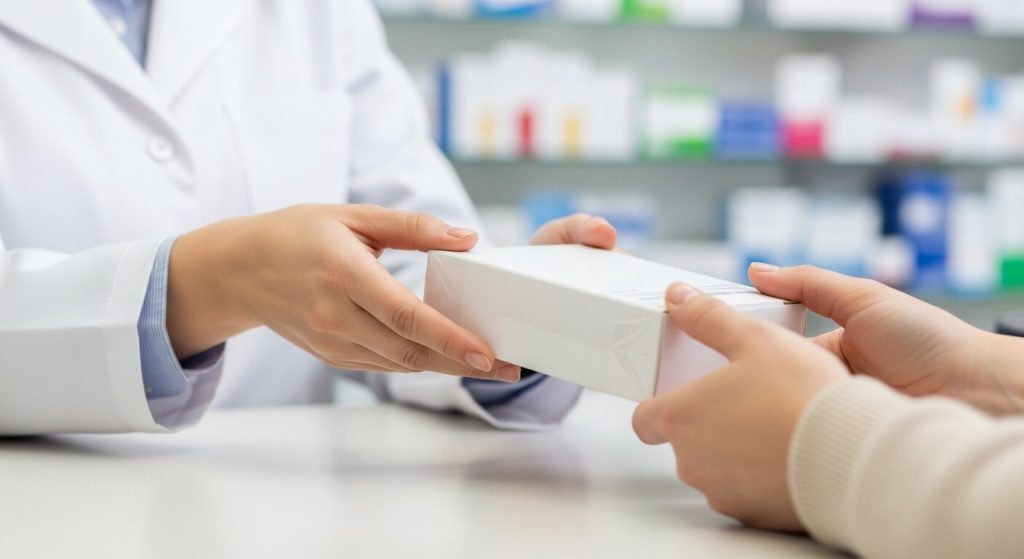 taltz assistance program at a licensed pharmacy: pharmacist hands a sealed prescription box to the patient during an in-person purchase in Tijuana, clear and professional handoff.