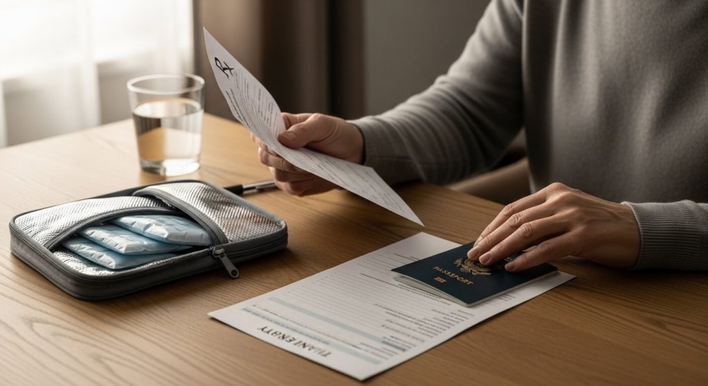 taltz assistance program trip prep: patient reviews a valid prescription with passport, itinerary, and insulated pouch before traveling to a licensed Tijuana pharmacy for an in-person purchase.