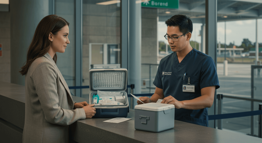 Patient and concierge discussing what are specialty drugs, reviewing travel documents and a cold-chain cooler for a licensed, in-person pharmacy visit in Tijuana.