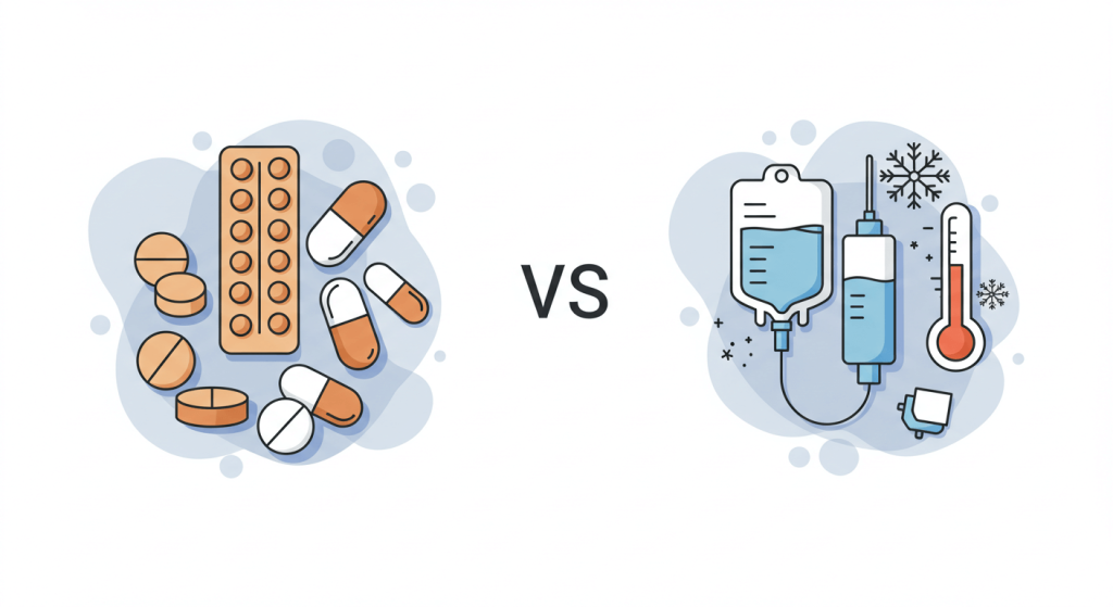 Illustration showing what are specialty drugs vs traditional medications, with icons for auto-injector, infusion bag, and cold-chain to explain handling and monitoring.