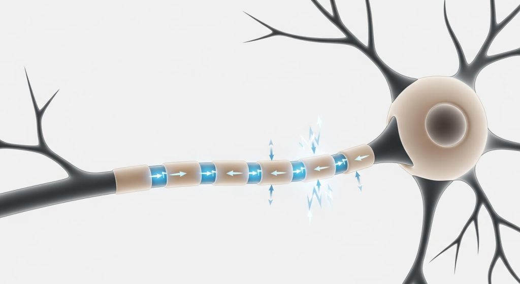 Illustration of a demyelinated neuron showing how Ampyra improves electrical signal conduction in multiple sclerosis.