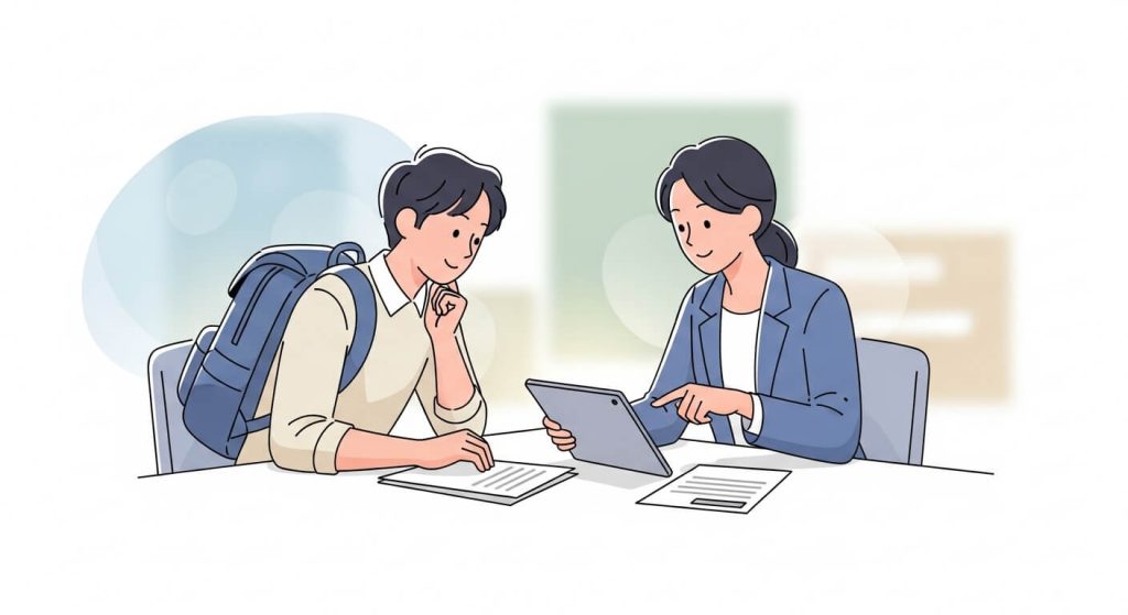 Illustration of a Certified Medical Tourism Professional guiding a traveler through international healthcare steps in a supportive consultation setting.