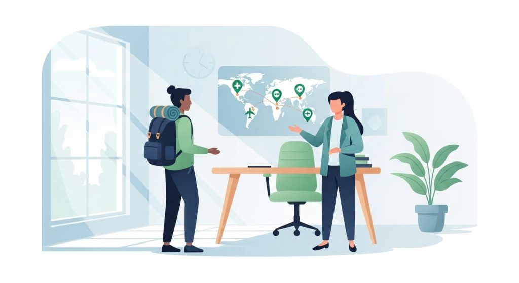 Illustration of a traveler consulting with a medical travel advisor in a calm and professional setting.