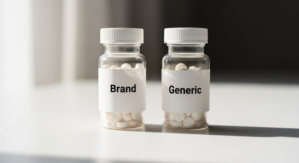 Comparison of generic vs brand name drugs bottles side by side on a white surface, illustrating how both medications look identical despite different packaging.